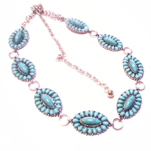 Vintage Faux Turquoise Southwestern Inspired Silver Tone Chain Belt - Picture 4 of 5